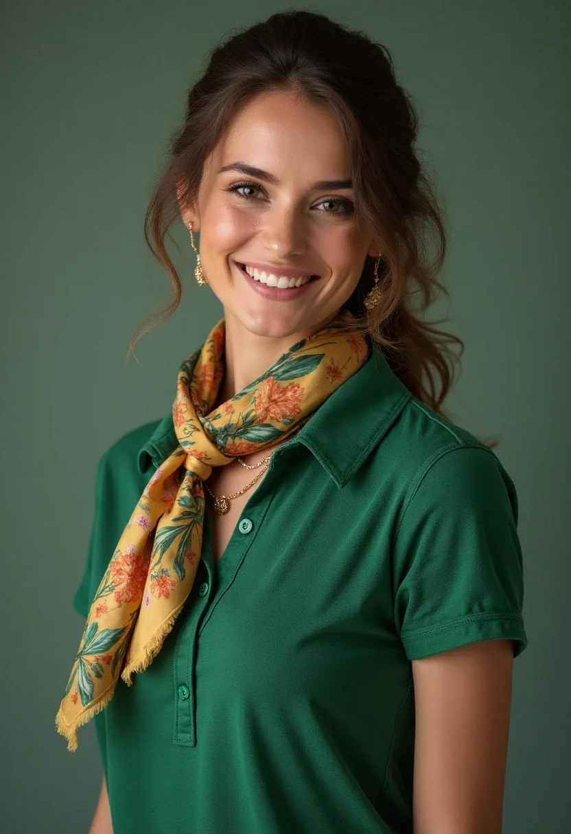 Woman in polo with scarf and jewelry accessories.