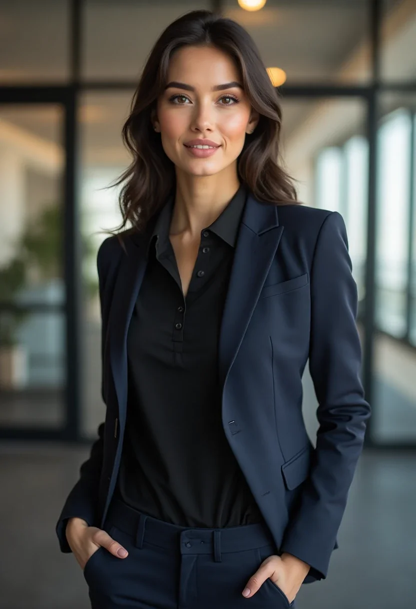 Woman in a polo and blazer in an office setting.
