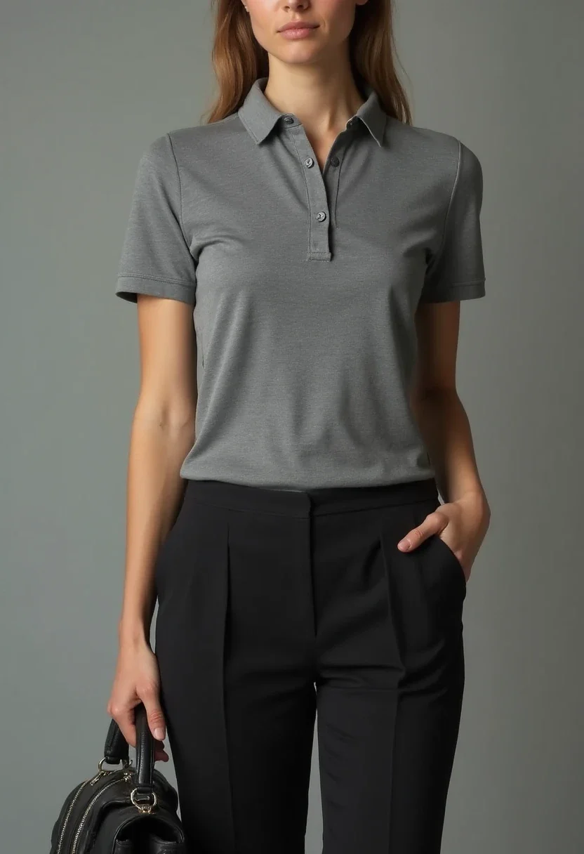Professional woman in polo and tailored trousers.