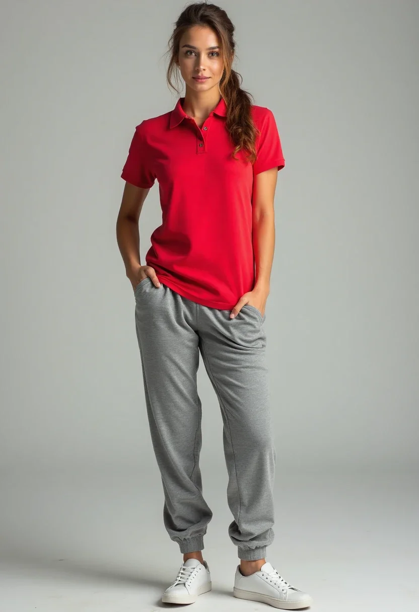Sporty woman in polo and joggers.