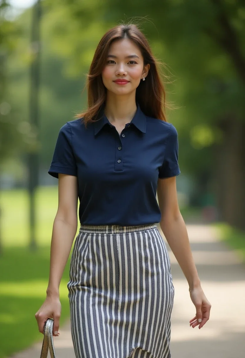 Woman in polo and midi skirt walking in a park.