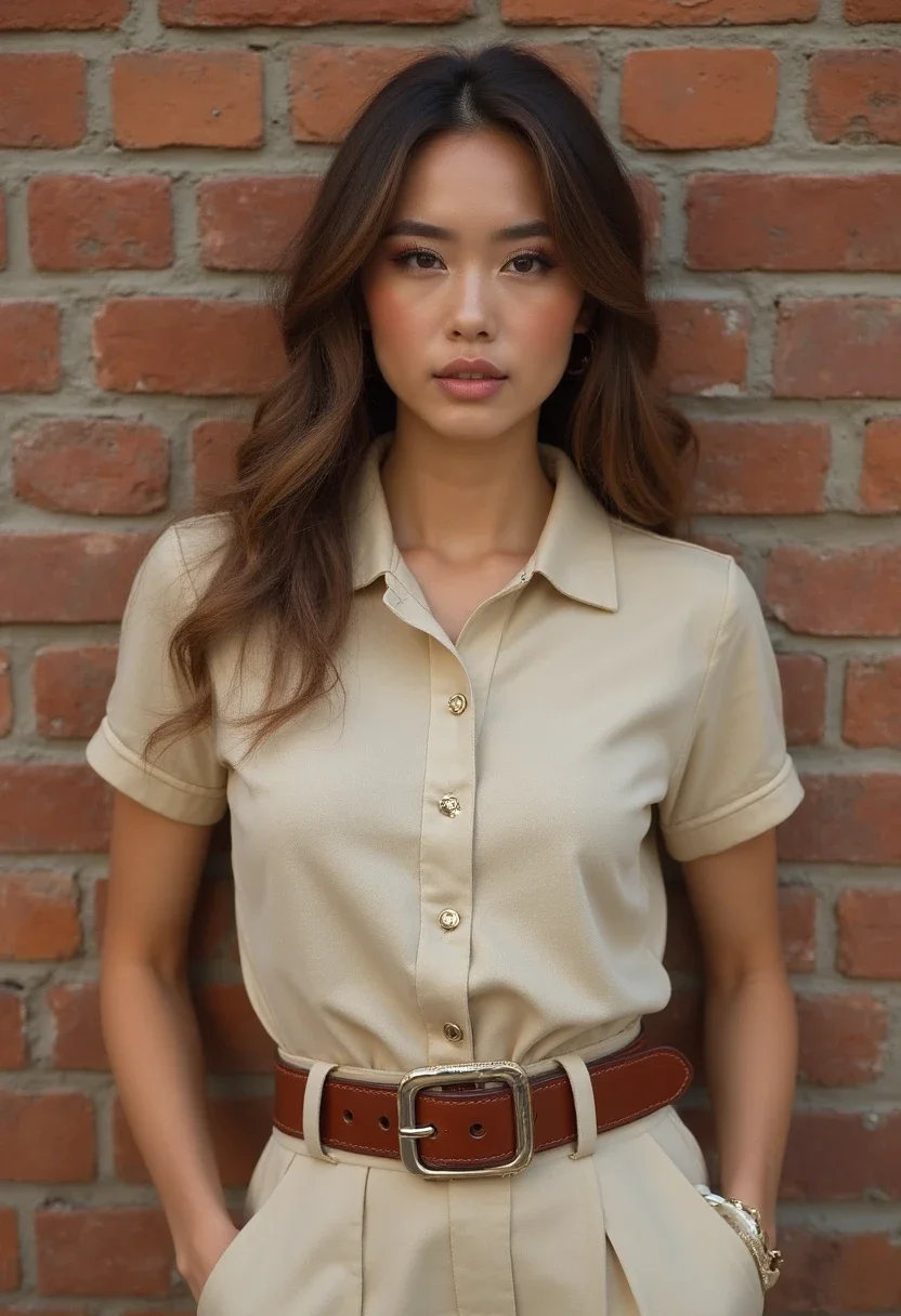 Stylish woman in polo with a statement belt.