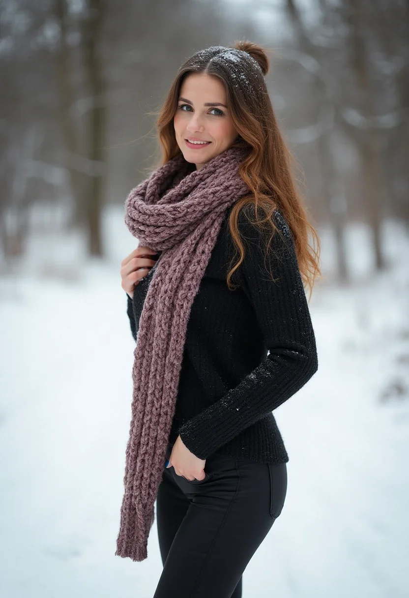 Woman in a scarf and black leggings in the snow.