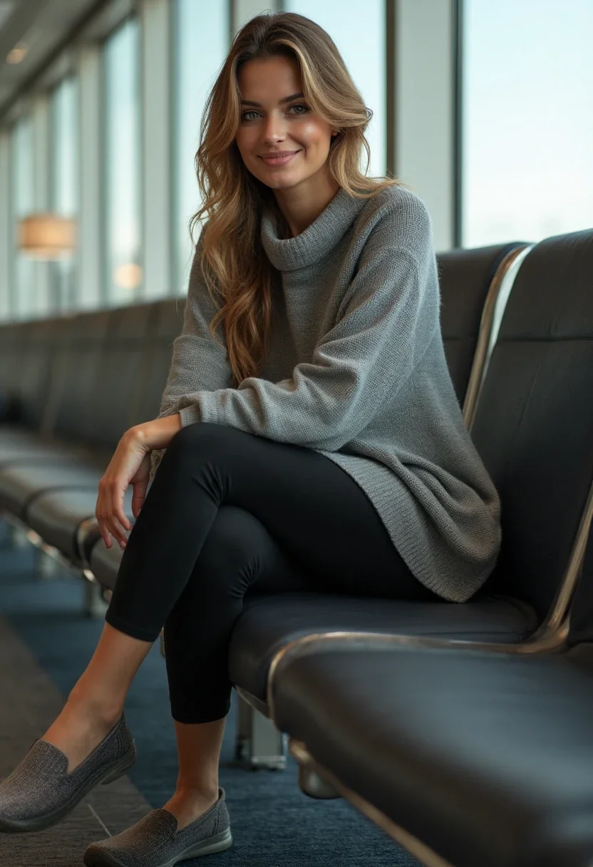 Woman in a poncho and black leggings at an airport.