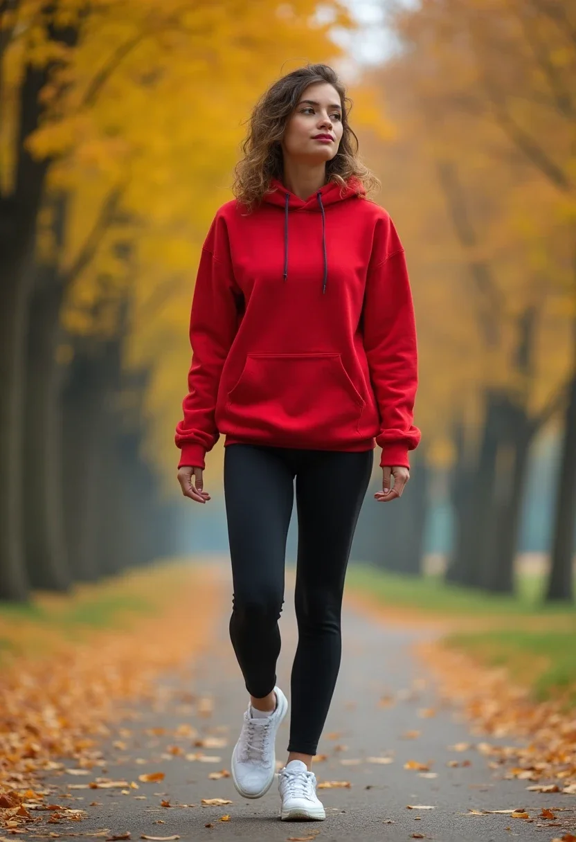 Woman in a red hoodie and black leggings walking in a park.