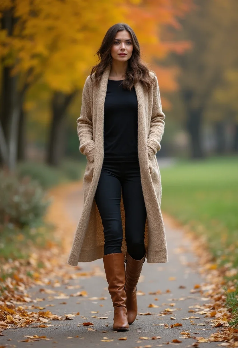 Woman in a long cardigan and black leggings in a park.
